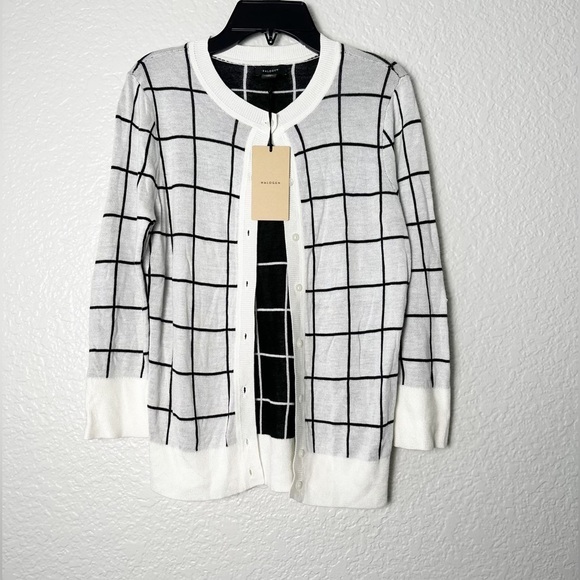 NWT Halogen Crew Neck Front Button Cardigan Ivory Cloud Check - Picture 3 of 5